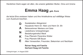 Traueranzeige von Emma Haag von Kocher-Lein-Bote