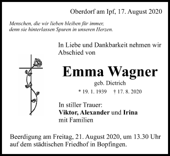 Traueranzeige von Emma Wagner von Schwäbische Post