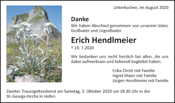 Traueranzeige von Erich Hendlmeier von Schwäbische Post