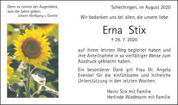 Traueranzeige von Erna Stix von Gmünder Tagespost