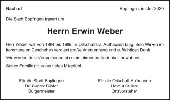 Traueranzeige von Erwin Weber von Bopfinger Stadtanzeiger