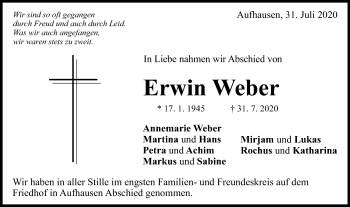 Traueranzeige von Erwin Weber von Schwäbische Post