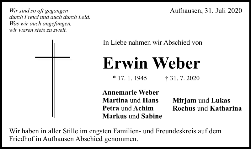  Traueranzeige für Erwin Weber vom 05.08.2020 aus Schwäbische Post