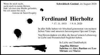 Traueranzeige von Ferdinand Hierholtz von Gmünder Tagespost