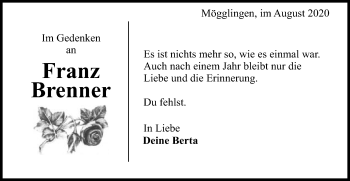 Traueranzeige von Franz Brenner von Gmünder Tagespost