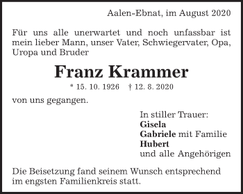 Traueranzeige von Franz Krammer von Schwäbische Post