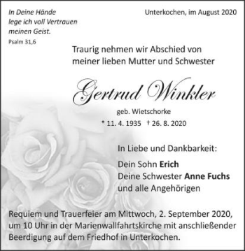 Traueranzeige von Gertrud Winkler von Schwäbische Post