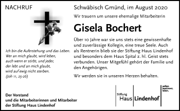 Traueranzeige von Gisela Bochert von Gmünder Tagespost