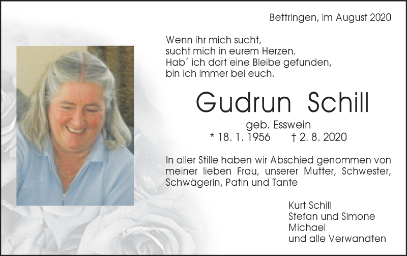  Traueranzeige für Gudrun Schill vom 12.08.2020 aus Gmünder Tagespost