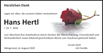 Traueranzeige von Hans Hertl von Schwäbische Post