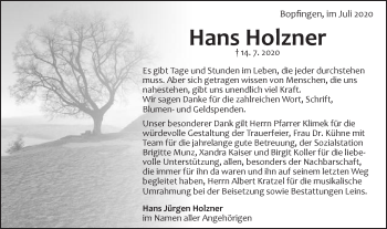 Traueranzeige von Hans Holzner von Bopfinger Stadtanzeiger