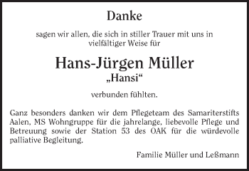 Traueranzeige von Hans-Jürgen Müller von Schwäbische Post