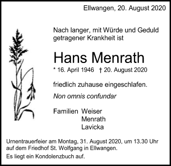 Traueranzeige von Hans Menrath von Schwäbische Post