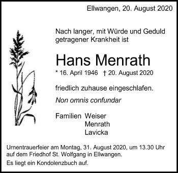 Traueranzeige von Hans Menrath