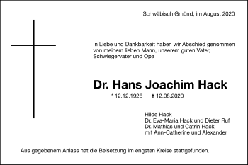 Traueranzeige von Hans Joachim Hack von Gmünder Tagespost