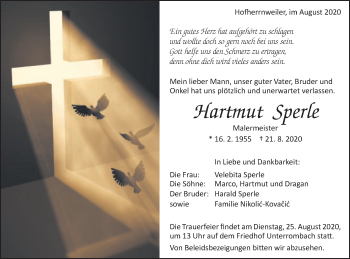 Traueranzeige von Hartmut Sperle von Schwäbische Post