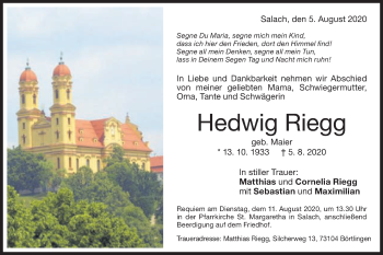 Traueranzeige von Hedwig Riegg von Schwäbische Post