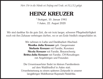 Traueranzeige von Heinz Kreuzer von Schwäbische Post