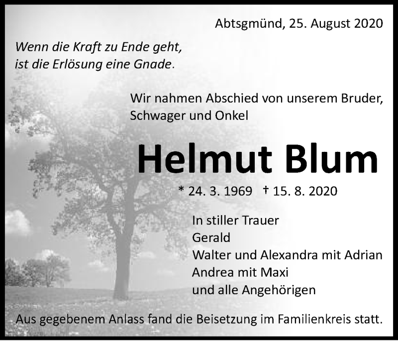  Traueranzeige für Helmut Blum vom 25.08.2020 aus Schwäbische Post