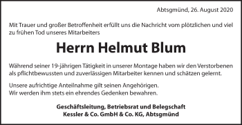 Traueranzeige von Helmut Blum von Schwäbische Post