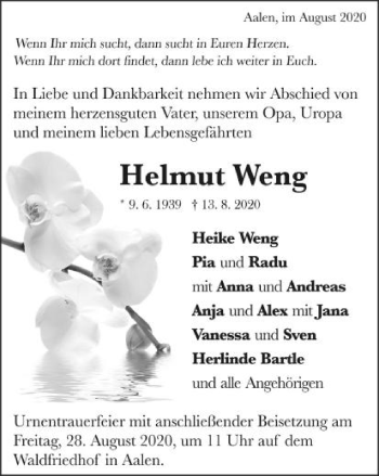 Traueranzeige von Helmut Weng von Schwäbische Post