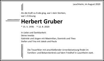 Traueranzeige von Herbert Gruber von Schwäbische Post