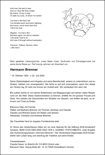 Traueranzeige von Hermann Brenner von Gmünder Tagespost
