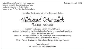 Traueranzeige von Hildegard Schmadlak von Schwäbische Post