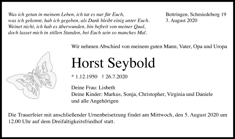  Traueranzeige für Horst Seybold vom 03.08.2020 aus Gmünder Tagespost