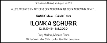 Traueranzeige von Ilonka Schurr von Gmünder Tagespost