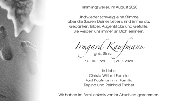 Traueranzeige von Irmgard Kaufmann von Schwäbische Post