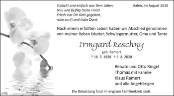 Traueranzeige von Irmgard Reschny von Schwäbische Post