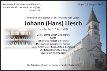 Traueranzeige von Johann Liesch von Schwäbische Post