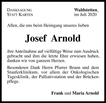 Traueranzeige von Josef Arnold von Gmünder Tagespost