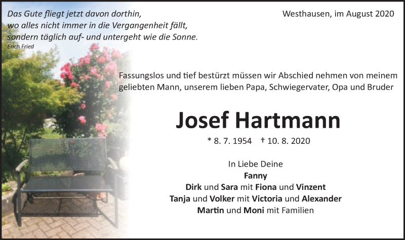  Traueranzeige für Josef Hartmann vom 15.08.2020 aus Schwäbische Post
