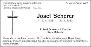 Traueranzeige von Josef Scherer von Schwäbische Post