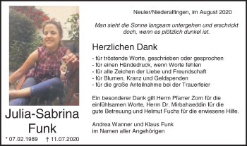 Traueranzeige von Julia-Sabrina Funk von Schwäbische Post