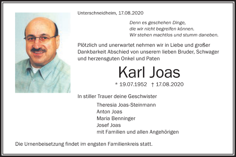  Traueranzeige für Karl Joas vom 20.08.2020 aus Schwäbische Post