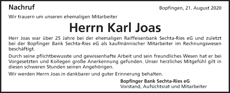  Traueranzeige für Karl Joas vom 21.08.2020 aus Schwäbische Post