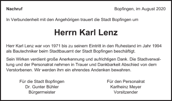 Traueranzeige von Karl Lenz von Bopfinger Stadtanzeiger