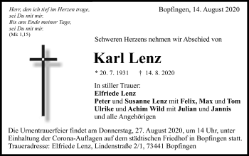 Traueranzeige von Karl Lenz von Schwäbische Post