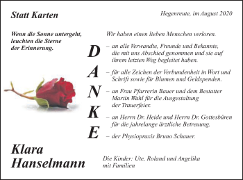 Traueranzeige von Klara Hanselmann von Gmünder Tagespost