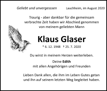 Traueranzeige von Klaus Glaser von Schwäbische Post