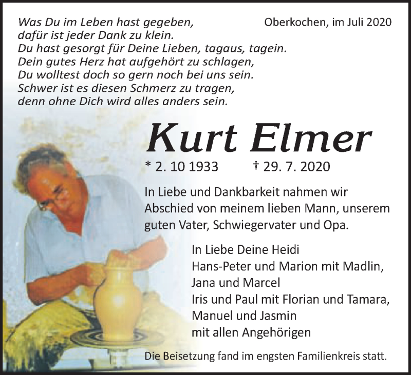  Traueranzeige für Kurt Elmer vom 07.08.2020 aus Amtsblatt_Oko