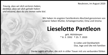 Traueranzeige von Lieselotte Pantleon von Schwäbische Post