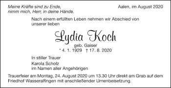 Traueranzeige von Lydia Koch von Schwäbische Post