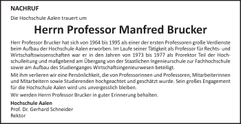 Traueranzeige von Manfred Brucker von Schwäbische Post