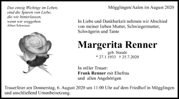 Traueranzeige von Margerita Renner von Schwäbische Post