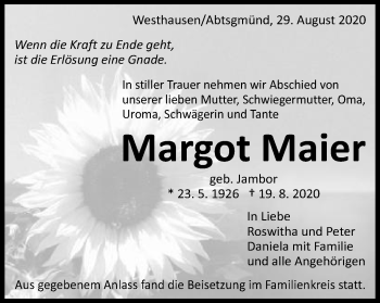 Traueranzeige von Margot Maier von Schwäbische Post