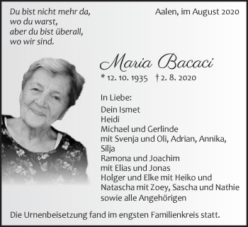 Traueranzeige von Maria Bacaci von Schwäbische Post